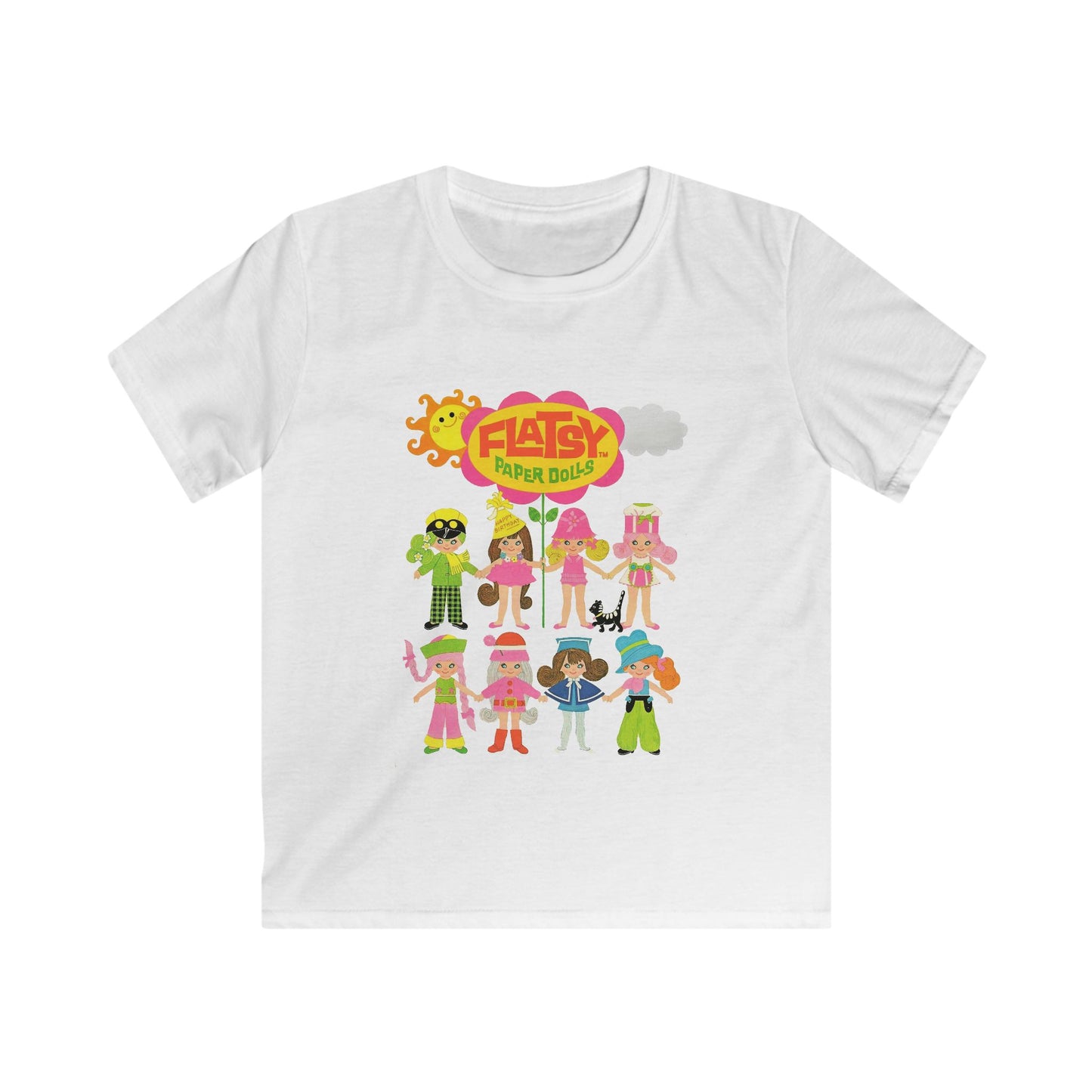 Colorful Kids Softstyle Tee with Fun Paper Dolls Print