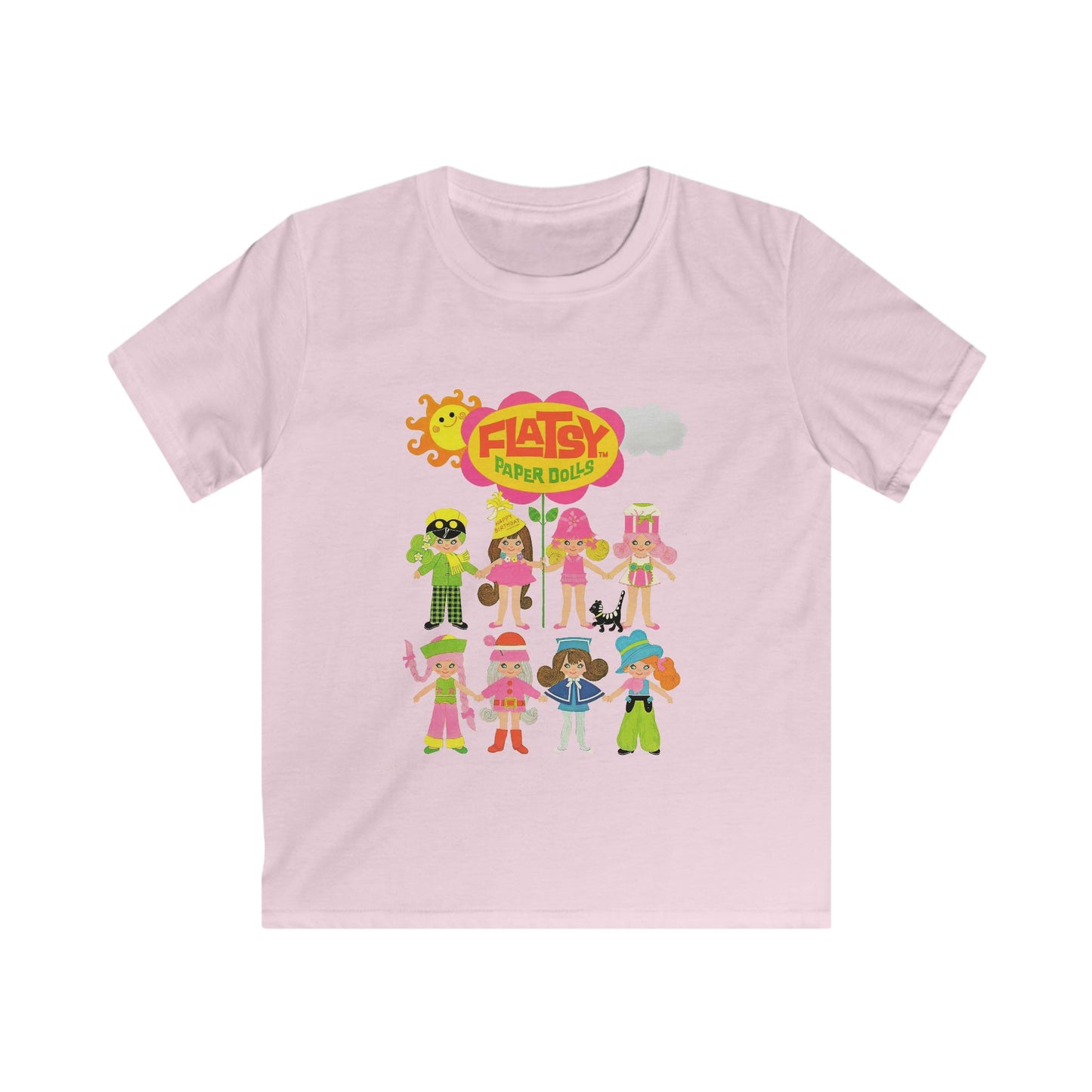 Colorful Kids Softstyle Tee with Fun Paper Dolls Print